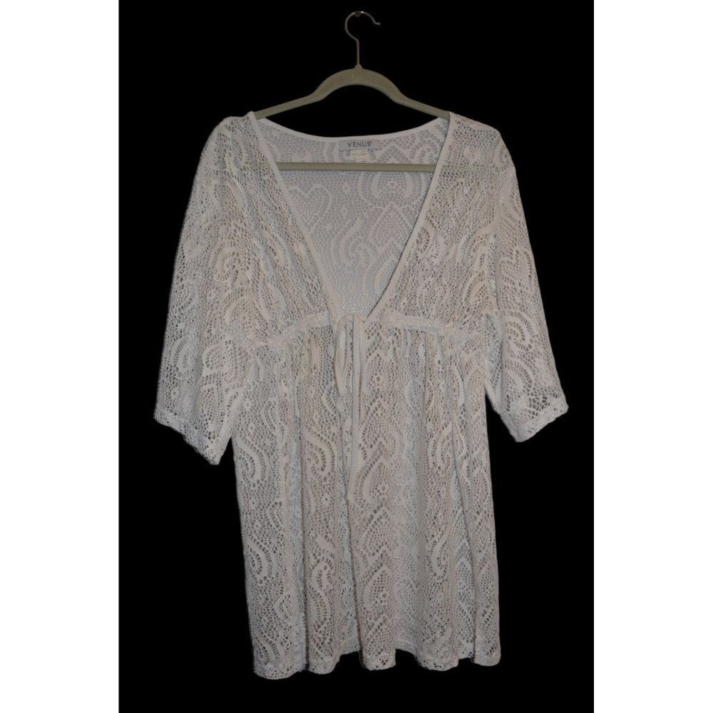 Venus - White Deep V Lace Beach Cover Up Dress - Size Large